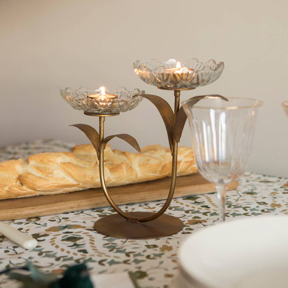 Glass Flower Double Tea-Light Candle Holder