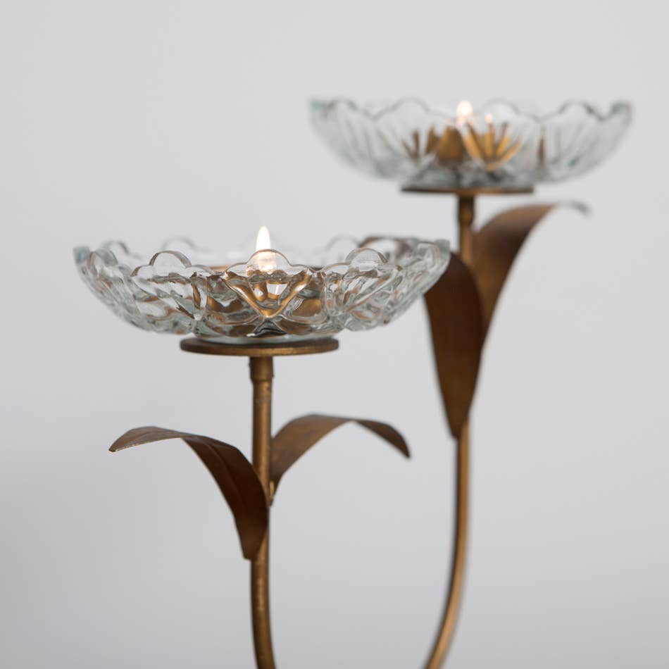 Glass Flower Double Tea-Light Candle Holder