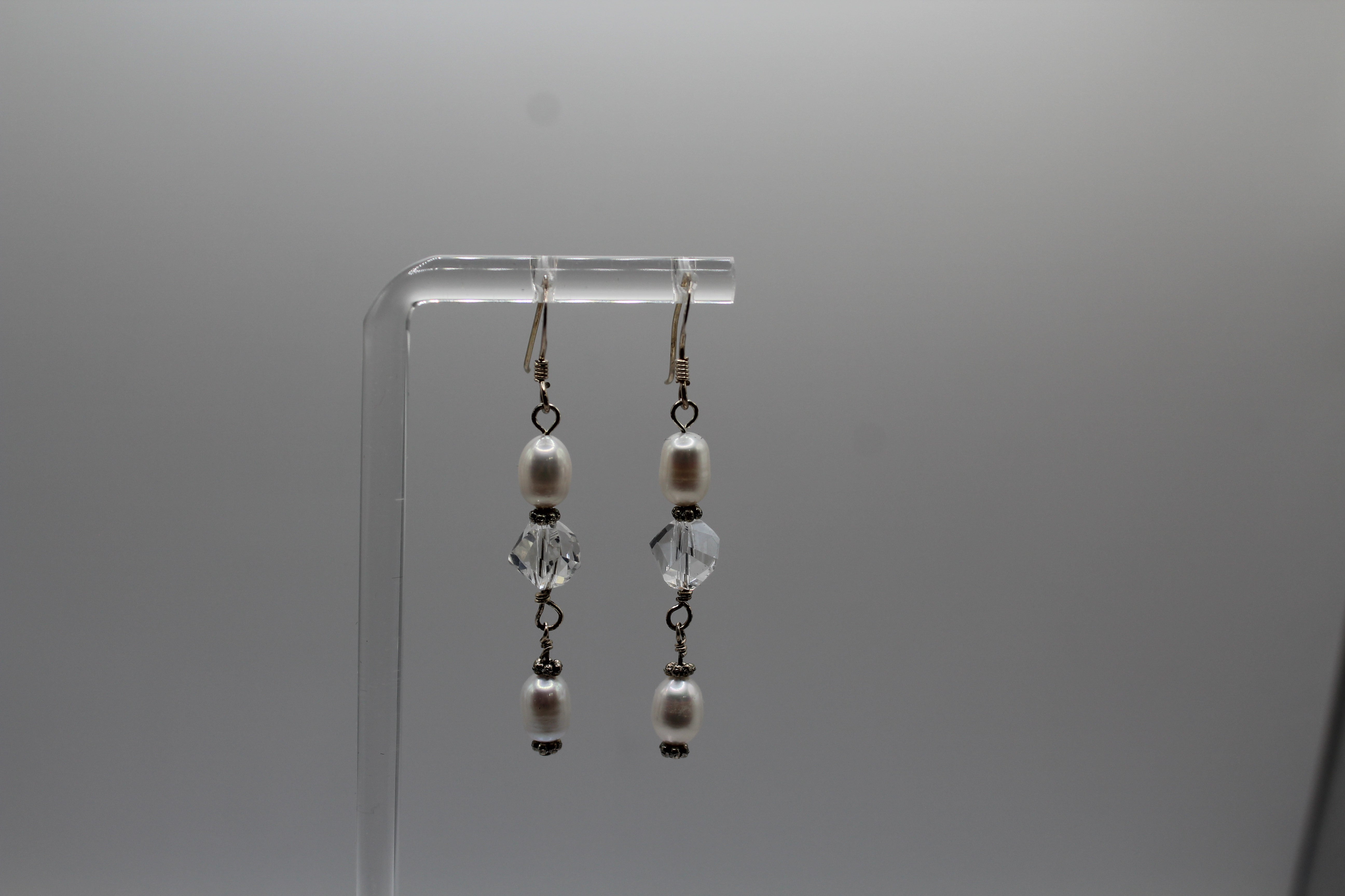 White Fresh Water Pearl and Crystal Earrings