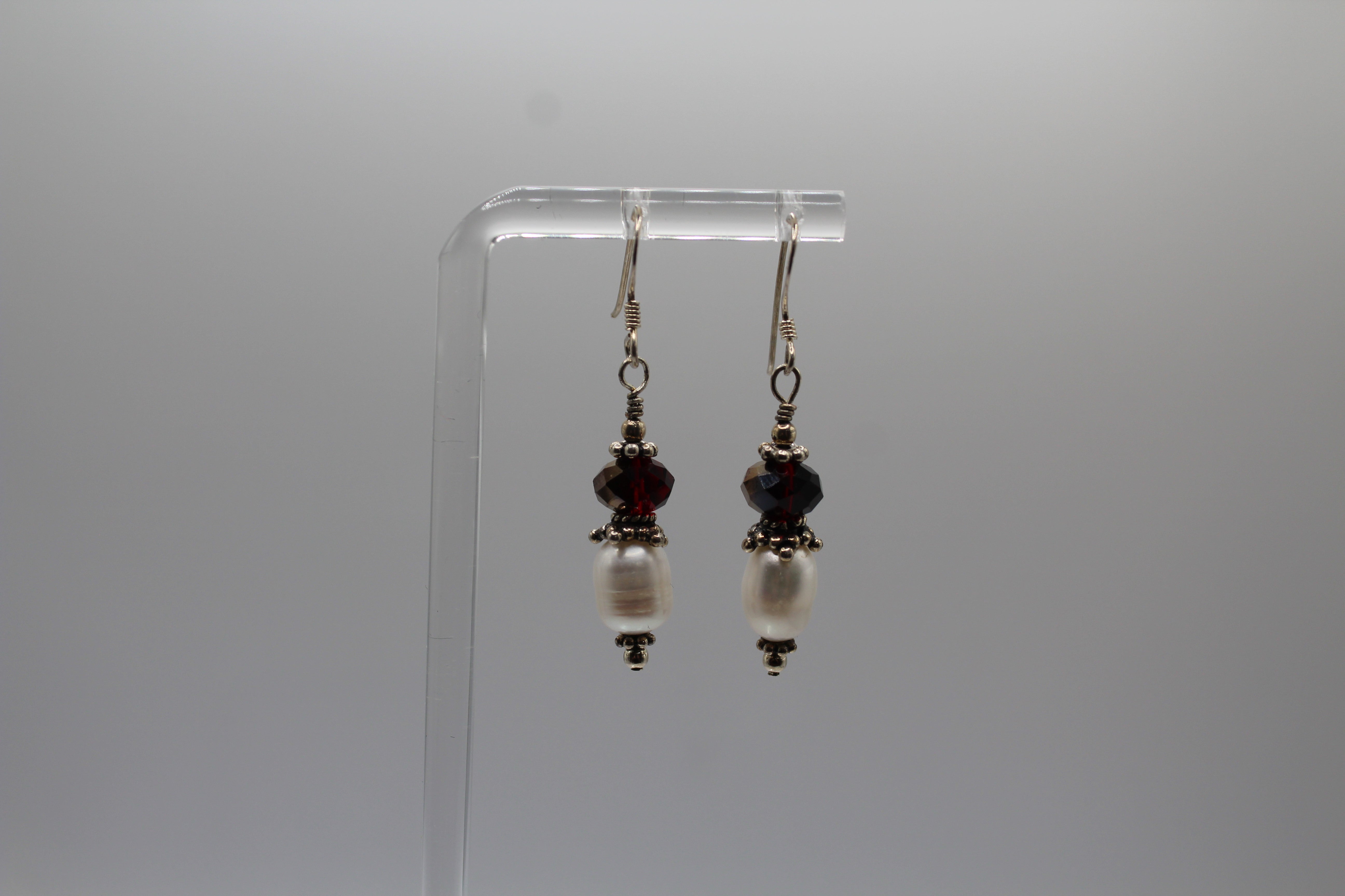 Red CZ and White Pearl Earrings