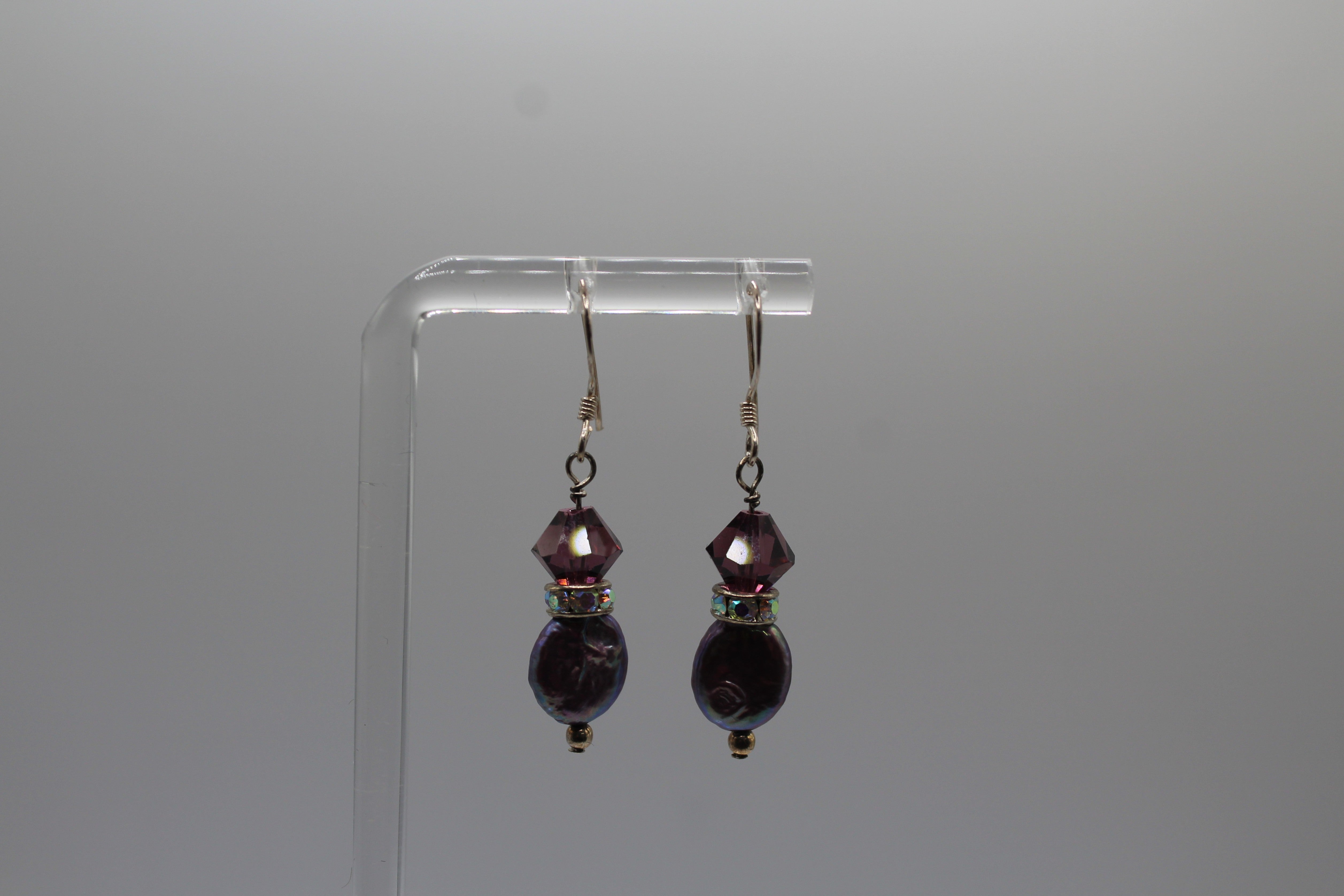 Purple Crystal and Coin Pearl Earrings
