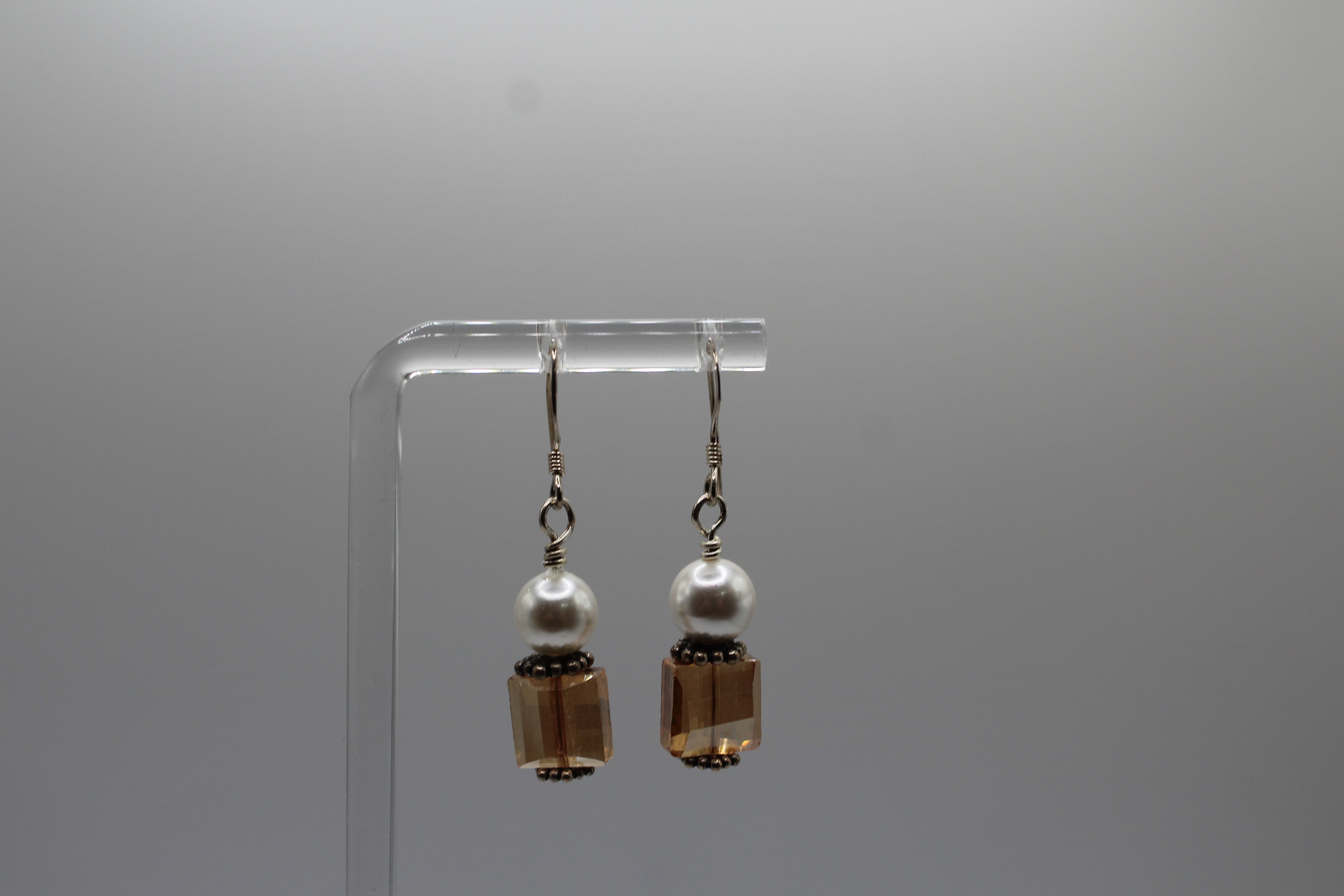 White Swarovski Pearl and Tan Crystal Earrings