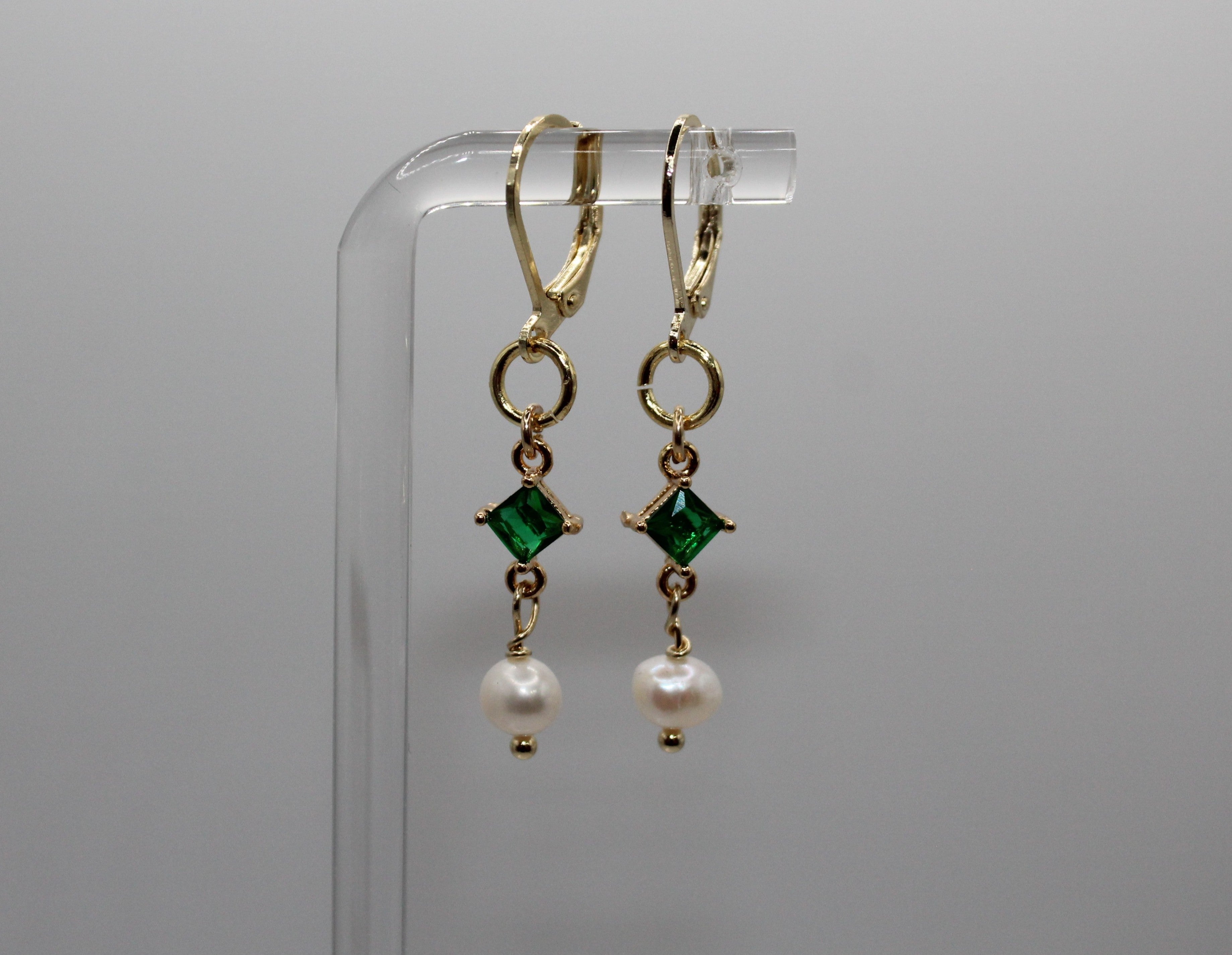 Green Crystal & Pearl  GF Earrings