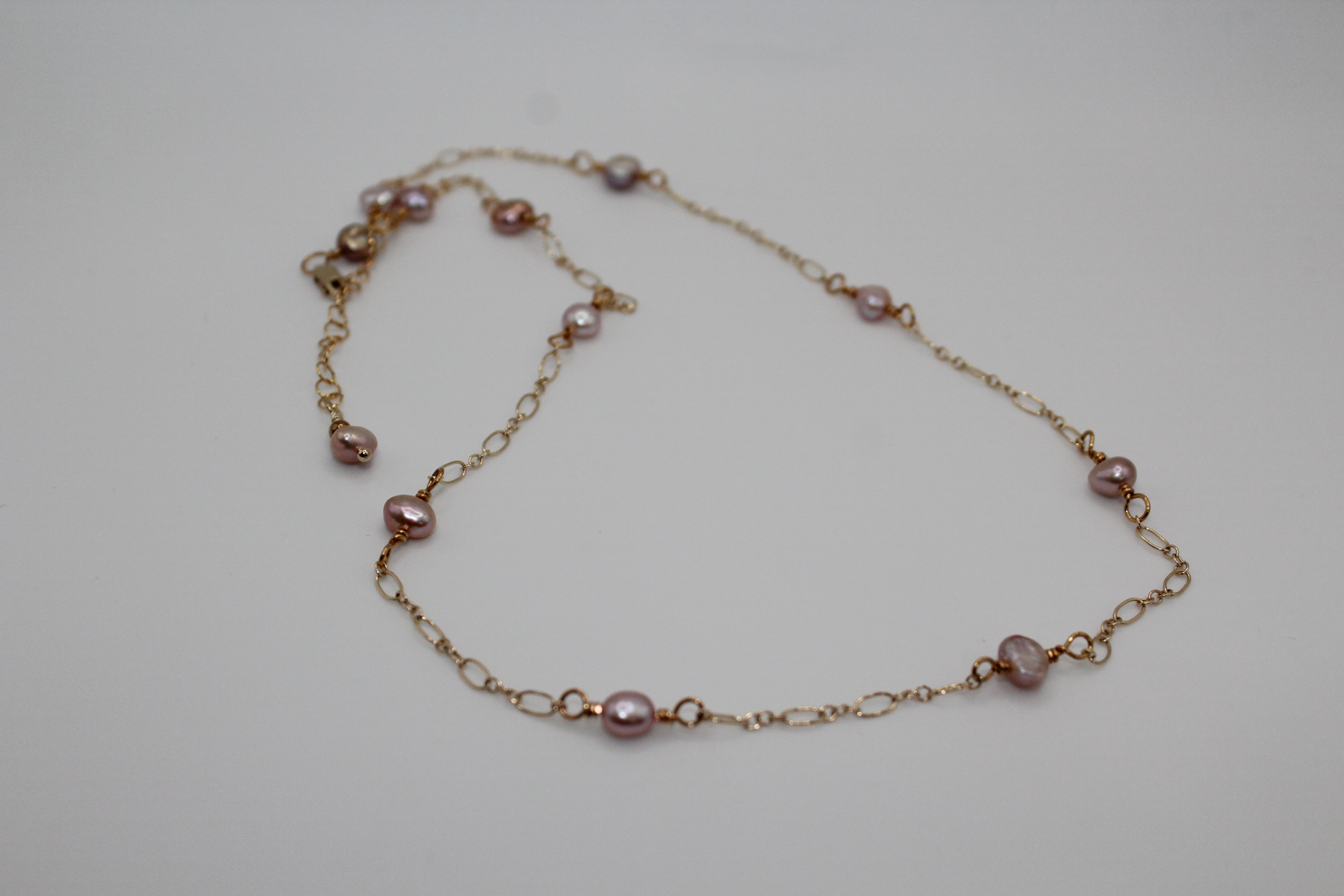 Gold Chain Necklace with Pink Pearls